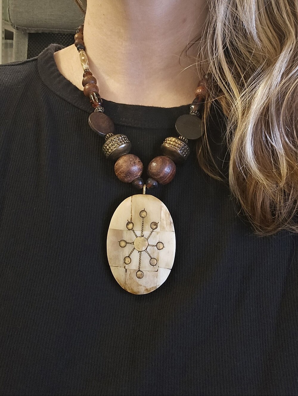 Whimsigoth Boho Fairy Y2k Necklace Wood Western 21" Brass Hippy Carved Pendant